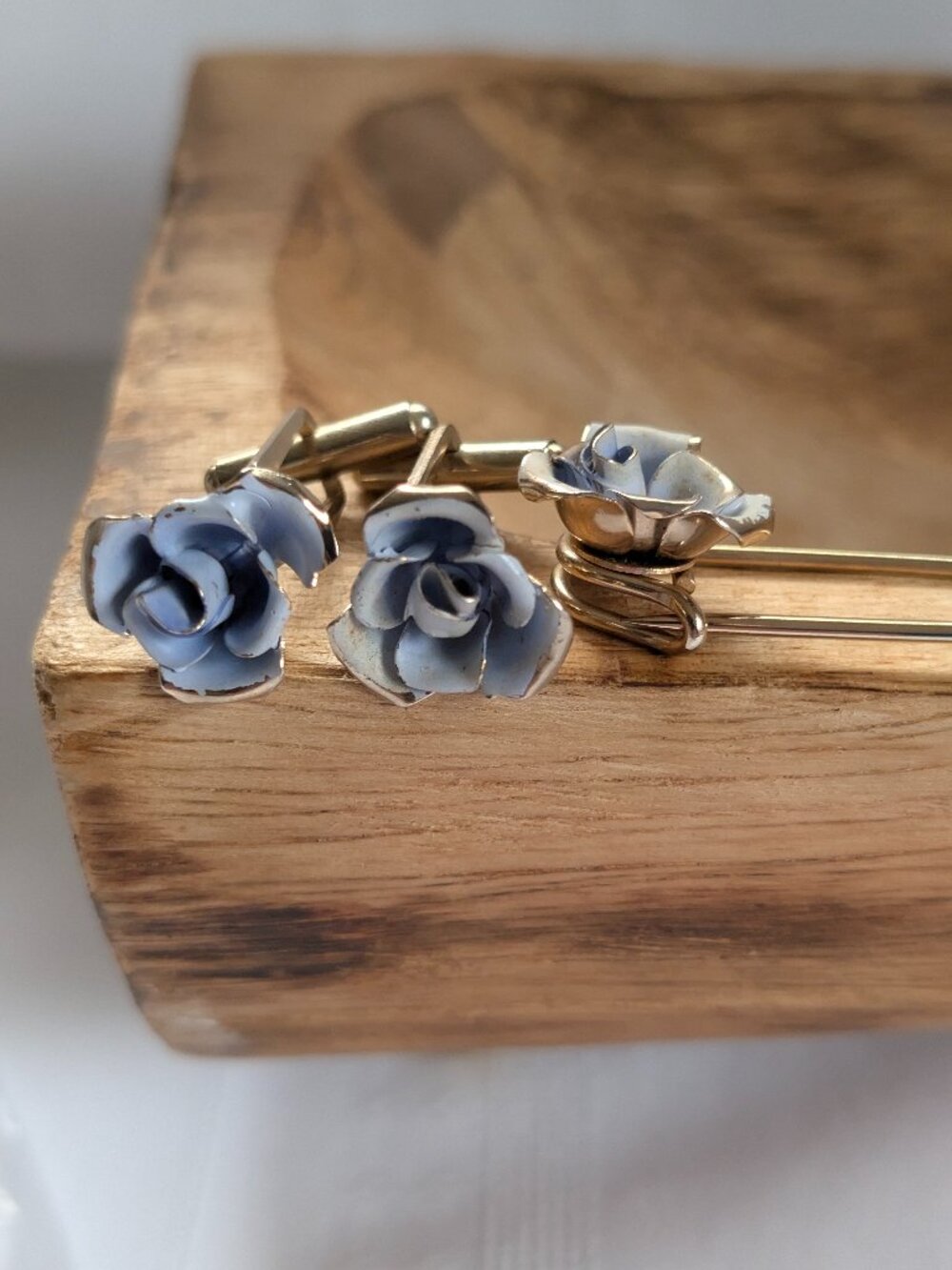 Vintage Cornflower Blue Enameled Rose Cufflinks and Tie Pin Set
